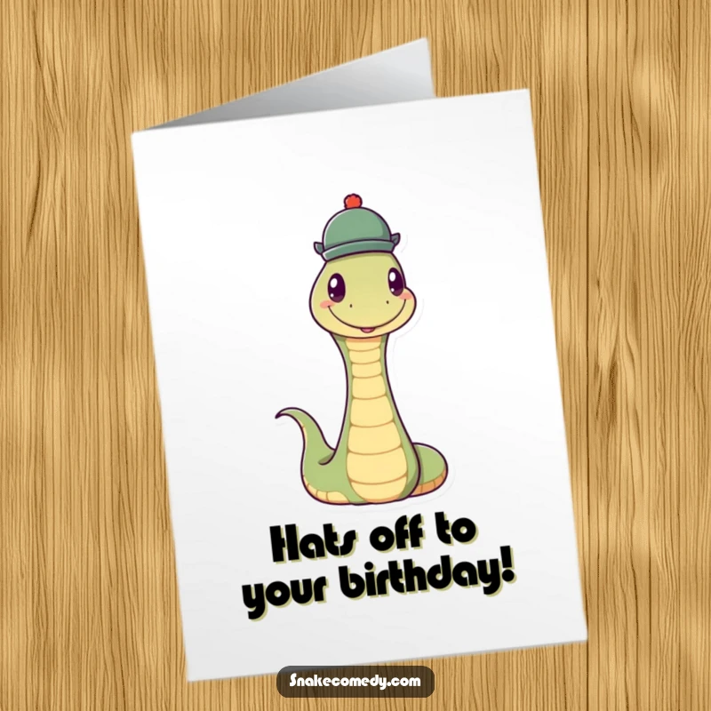 Funny Free Printable Birthday Card: A happy snake adorably balancing a small, round hat perfectly on its head for your birthday.