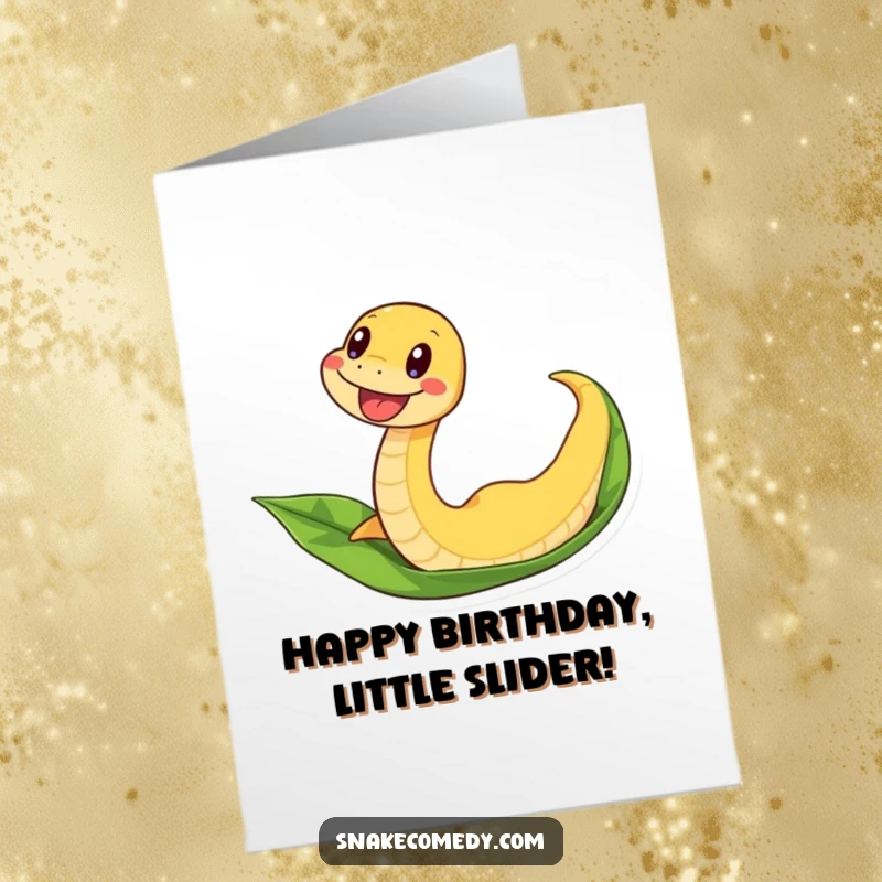 Funny Free Printable Birthday Card: An excited snake wiggling as it slides down a leaf. Thrilling birthday wishes, downloadable art.