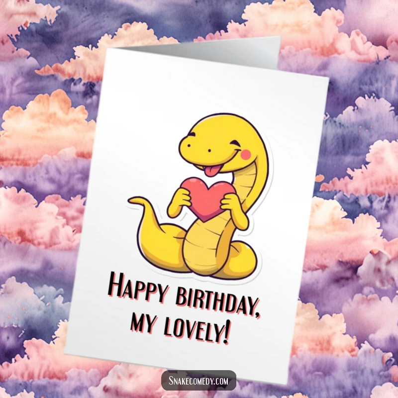 Funny Free Printable Birthday Card featuring a happy snake enthusiastically forming a perfect heart shape with its coils.