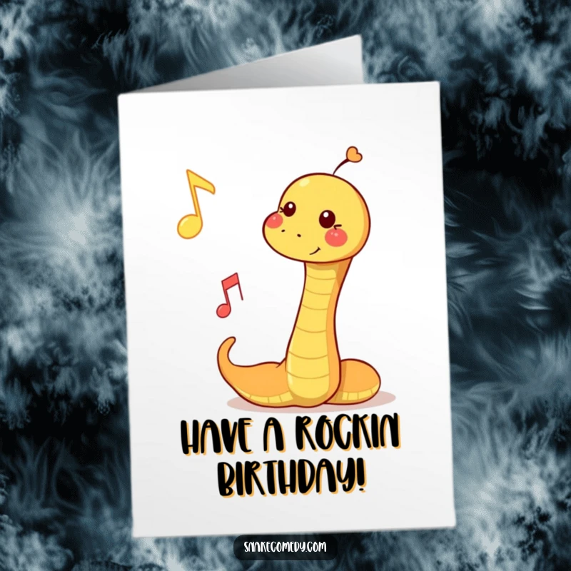 Funny Free Printable Birthday Card: A snake playfully boops a floating musical note with a happy expression.