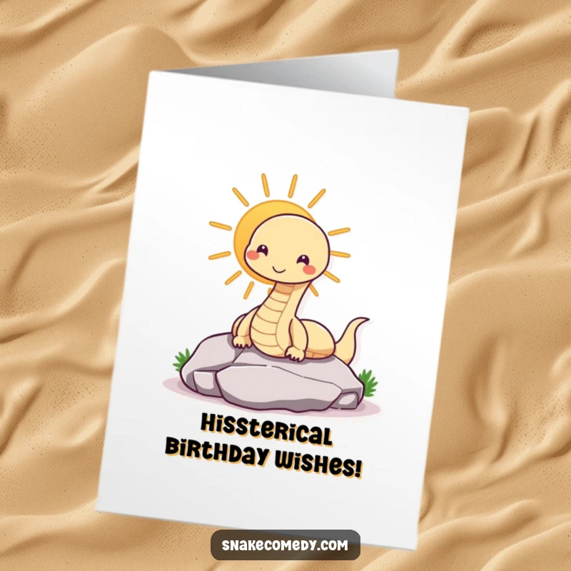 Funny Free Printable Birthday Card: A smiling snake basking contentedly on a rock. Relaxed birthday wishes, downloadable art.