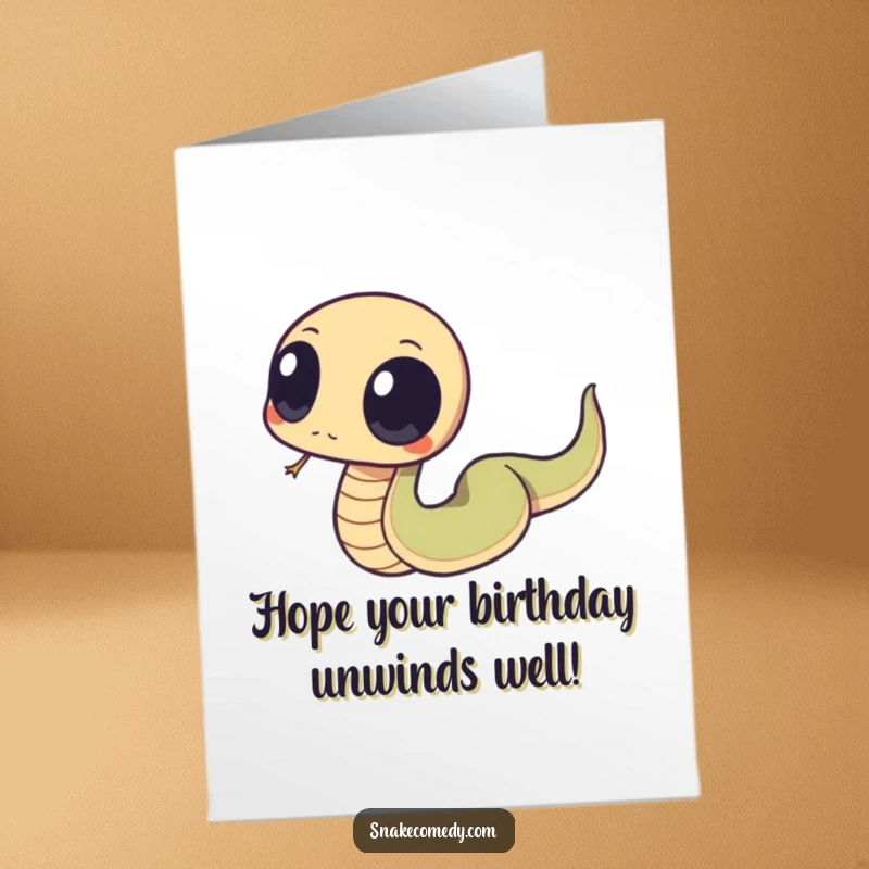 Funny Free Printable birthday card featuring a snake with large, round eyes comically tripping over its own tail.