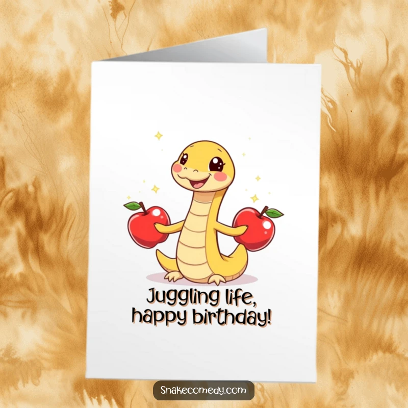 Funny Free Printable Birthday Card featuring a snake gleefully juggling sparkly apples with a happy wiggle, celebrating the big day.