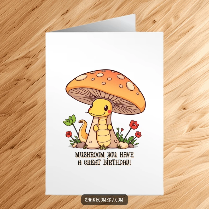 Funny Free Printable Birthday Card: Mischievous snake peeking from behind a huge mushroom, ready to prank.