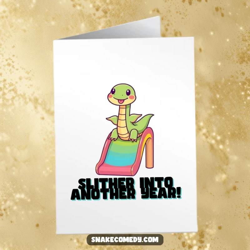 Funny Free Printable Birthday Card with a snake gleefully sliding down a vibrant rainbow slide, wishing happy birthday.