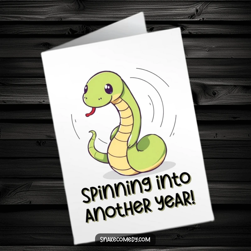 Funny Free Printable Birthday Card showing a snake in a humorous, dizzying spin chasing its own tail with glee.
