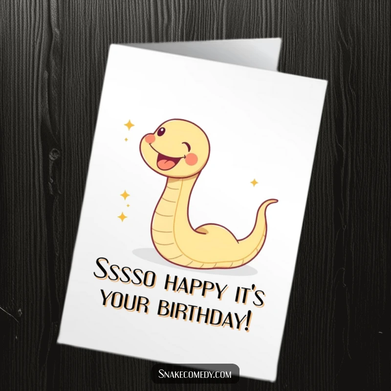 Funny Free Printable Birthday Card: Joyful snake slithering with glee, leaving a sparkly trail, ready for your birthday wishes.