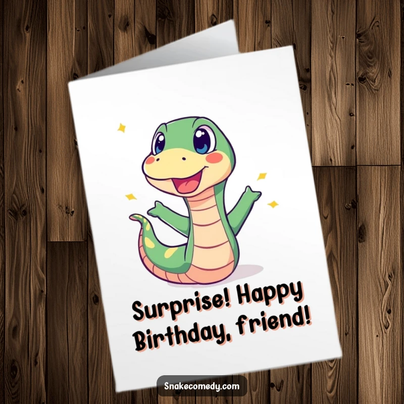 Funny Free Printable Birthday Card: A startled snake recoils in surprise from a brightly colored sweet that just popped.