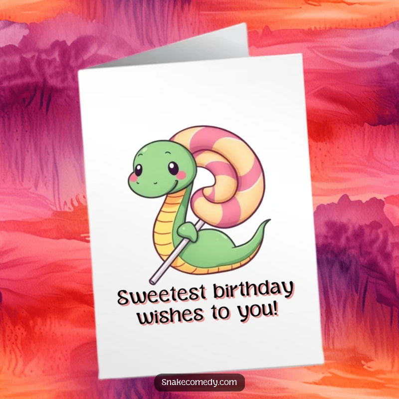 Funny Free Printable Birthday Card: A happy snake happily coils around a massive, colorful, and delicious-looking lollipop.