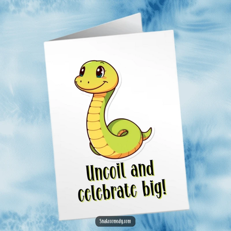 Funny Free Printable birthday card featuring a snake character playfully coiling and uncoiling with a wide, infectious grin.