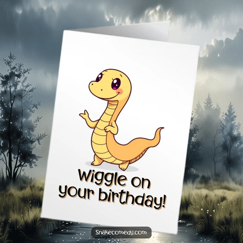 Funny Free Printable Birthday Card: A snake performs a fun wiggle dance with its body in motion. Hilarious downloadable greeting.