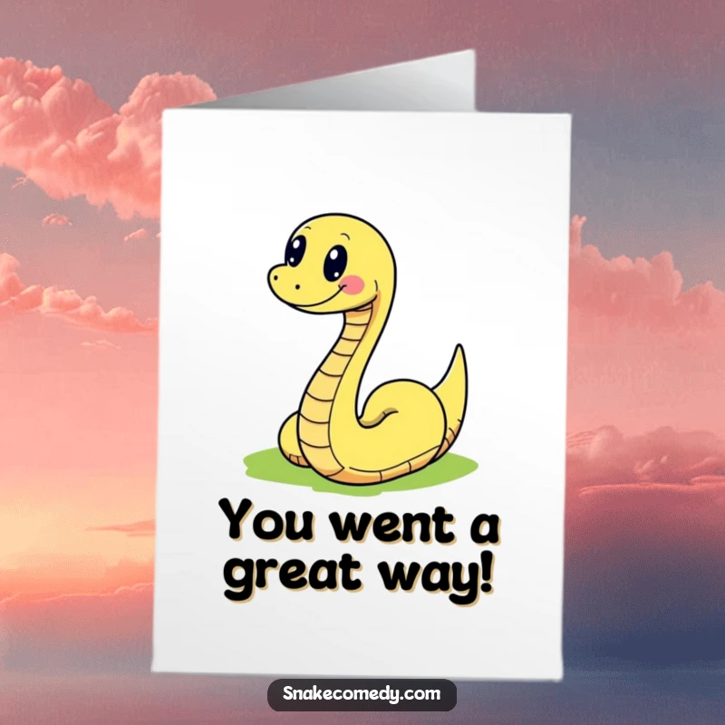 Funny Free Printable congratulations card showing a snake character joyfully navigating a curved, brightly colored, and cheerful path.