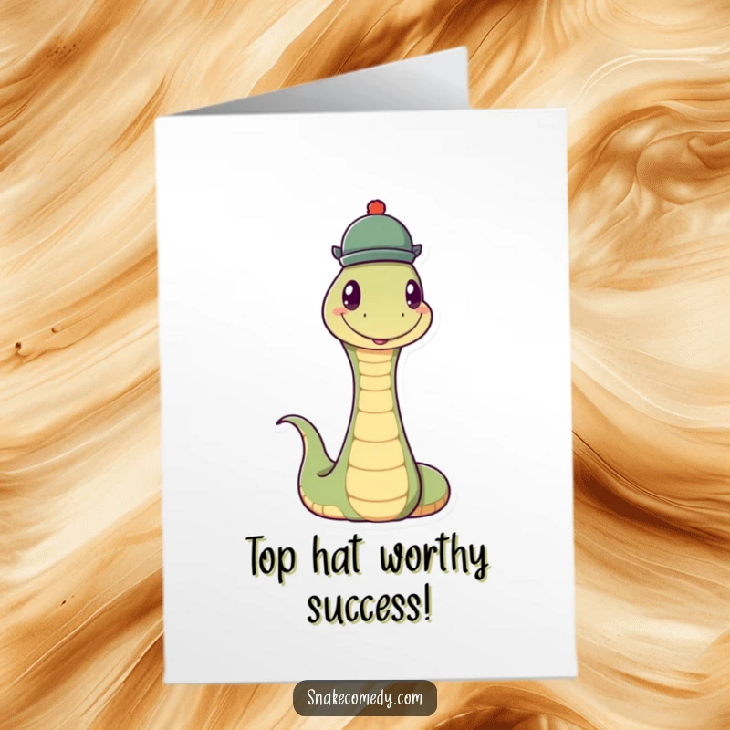 Funny Free Printable Congratulations Card: A snake happily balancing a small, round hat, celebrating your stylish success.