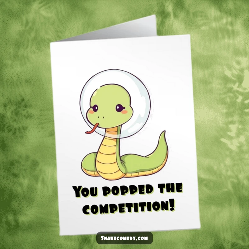 Funny Free Printable Congratulations Card featuring a sassy snake blowing a huge bubble, celebrating success with flair.