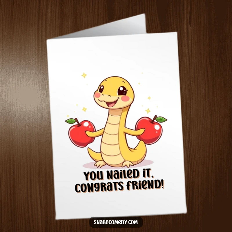 Funny Free Printable Congratulations Card showing a snake impressively juggling sparkly apples, celebrating a fantastic achievement.