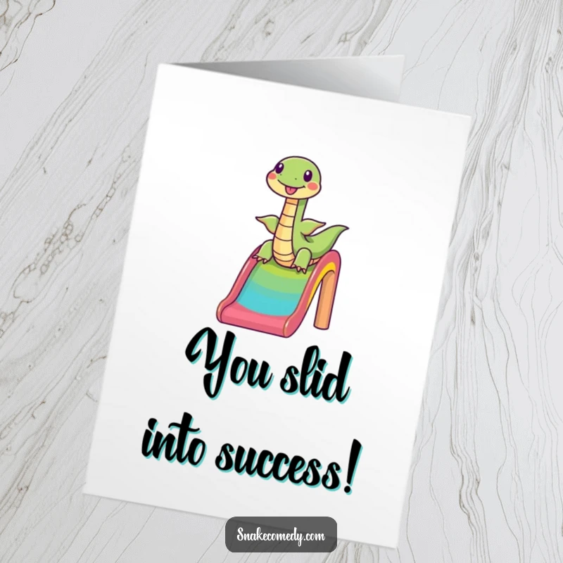 Funny Free Printable Congratulations Card showing a snake happily sliding down a colorful rainbow, celebrating their win.