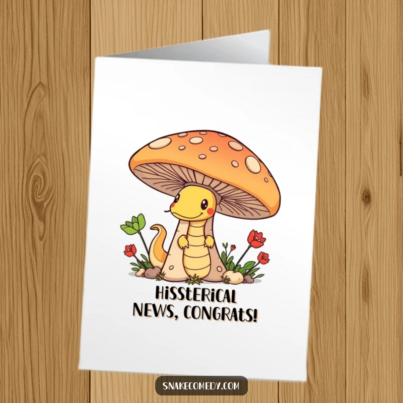Funny Free Printable Congratulations Card: A mischievous snake winks from behind a large mushroom, celebrating your success.