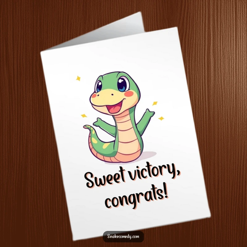Funny Free Printable Congrats Card: A snake jumps back startled by a colorful, bursting sweet, creating a comical scene.