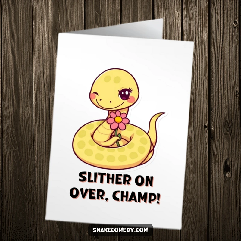 Funny Free Printable Congratulations Card: A friendly snake winks, presenting a flower for success.