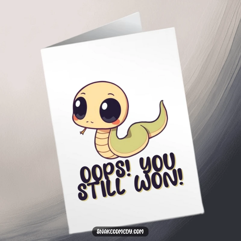 Funny Free Printable congratulations card showing a snake with big eyes unexpectedly tripping over its own tail in a funny way.