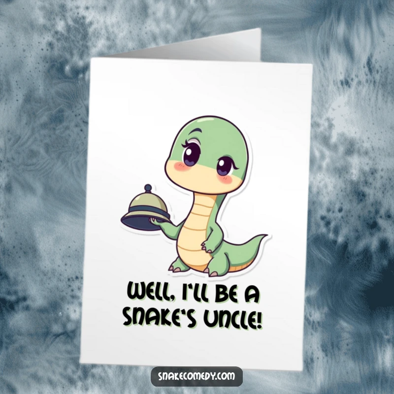 Funny Free Printable Congrats Card: A snake with a raised eyebrow and surprised expression holds a tiny hat, celebrating news.