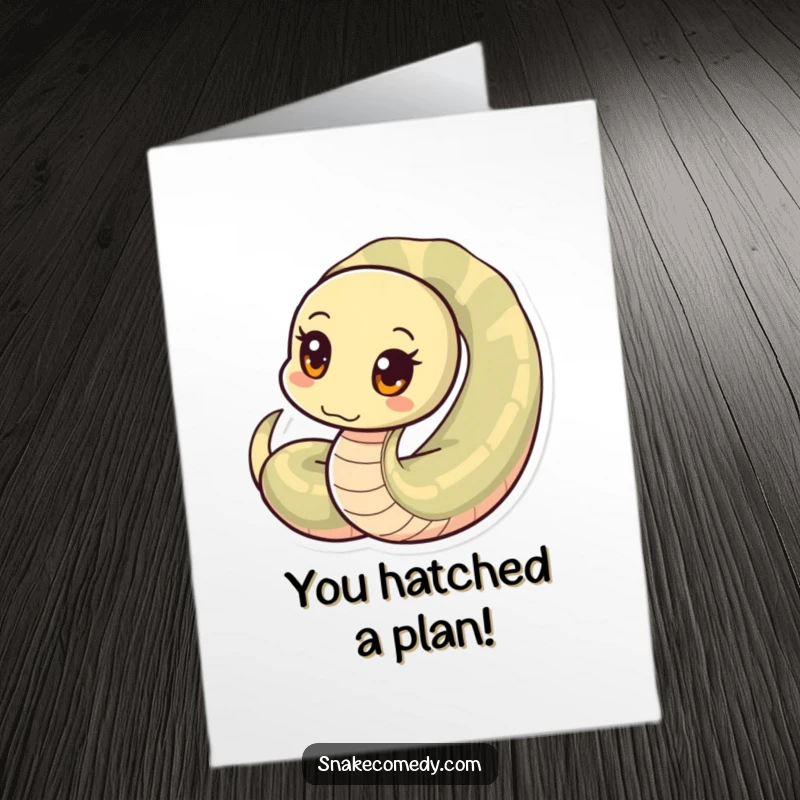 Free Printable Congratulations Card featuring a snake with big, curious circular eyes, peeking out slyly from a coiled position.
