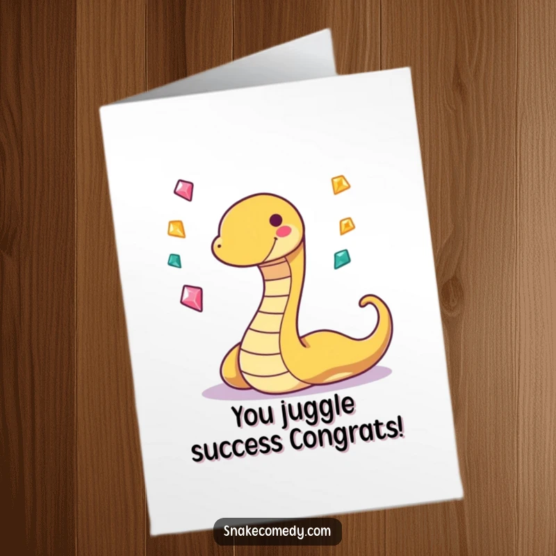 Funny Free Printable Congratulations Card: Grinning snake playfully juggling tiny, sparkling gems, symbolizing a successful and joyful win.