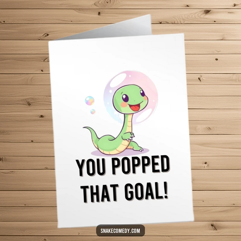 Funny Free Printable Congratulations Card featuring a small, happy snake playfully chasing a shimmering, iridescent soap bubble, celebrating a wonderful success.