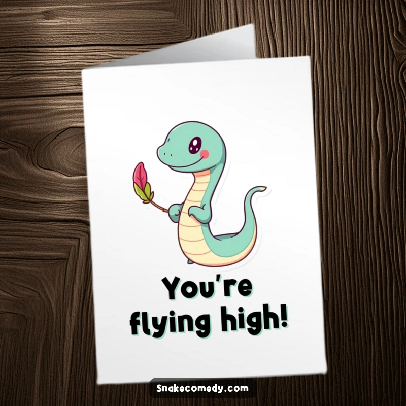 Free Printable Congratulations Card showing a slithering character with a happy sway, skillfully balancing a small, colorful feather.