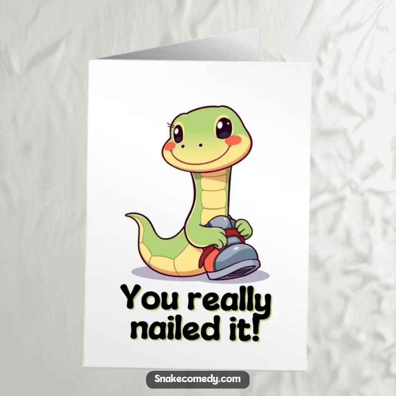 Funny Free Printable Congratulations Card: A happy, smiling snake playfully tries on a large shoe.