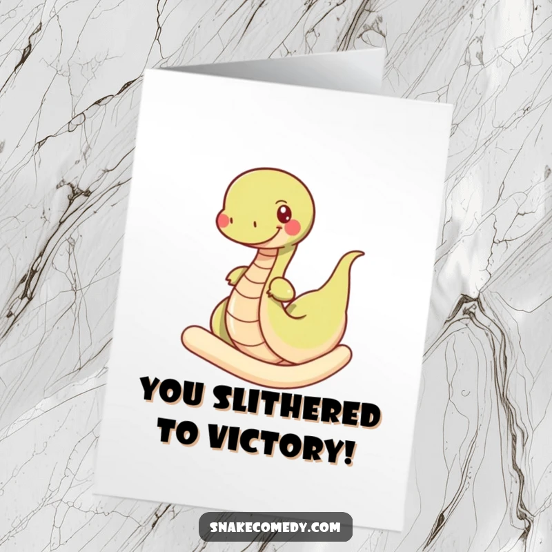 Funny Free Printable Congratulations Card: A snake character joyfully navigates a massive noodle, celebrating success.