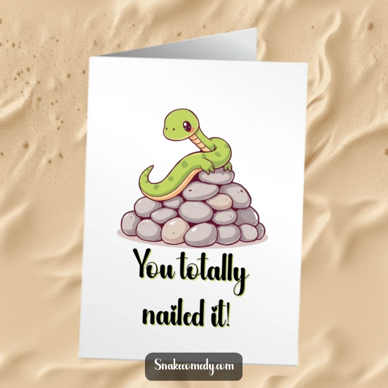 Funny Free Printable Congratulations Card: A cartoon snake hilariously loses its footing on a slick pile of stones.