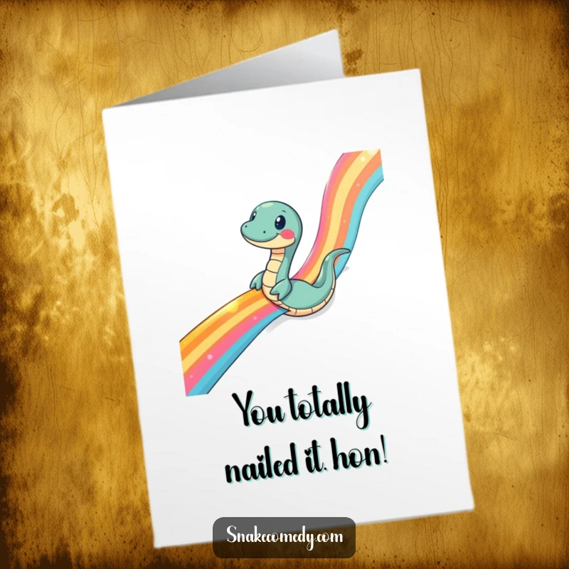 Funny Free Printable Congratulations Card: A snake character gleefully slides down a shimmering rainbow ribbon.