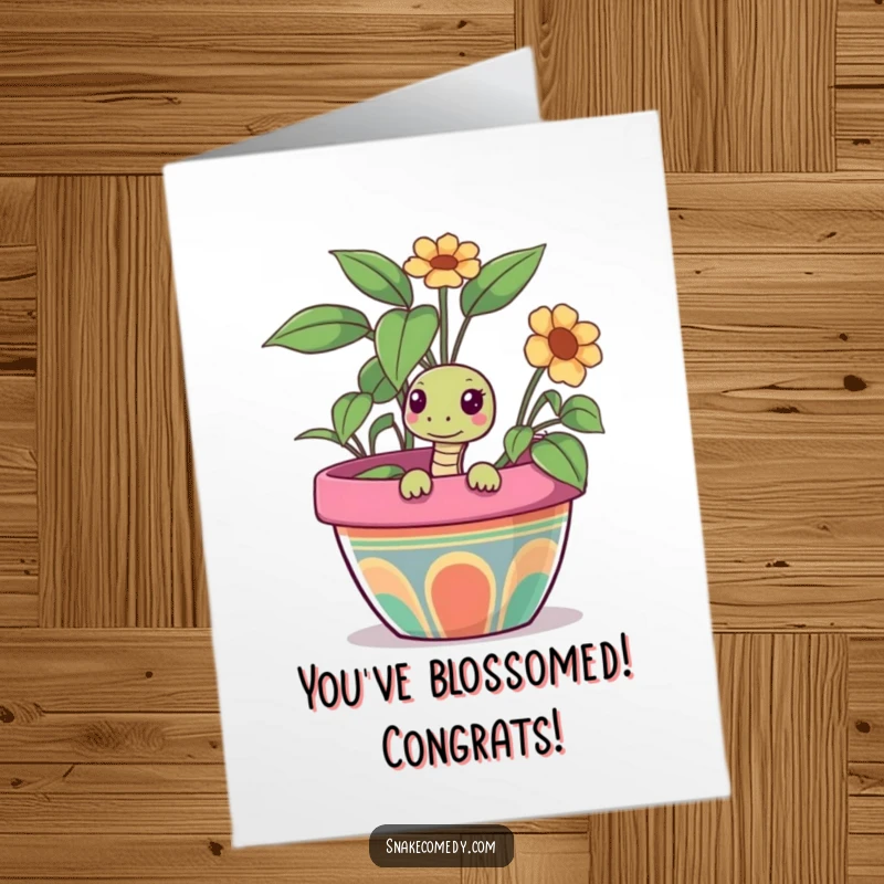 Funny Free Printable Congratulations Card with a snake curiously peeking from a colorful flower pot, sharing good news.
