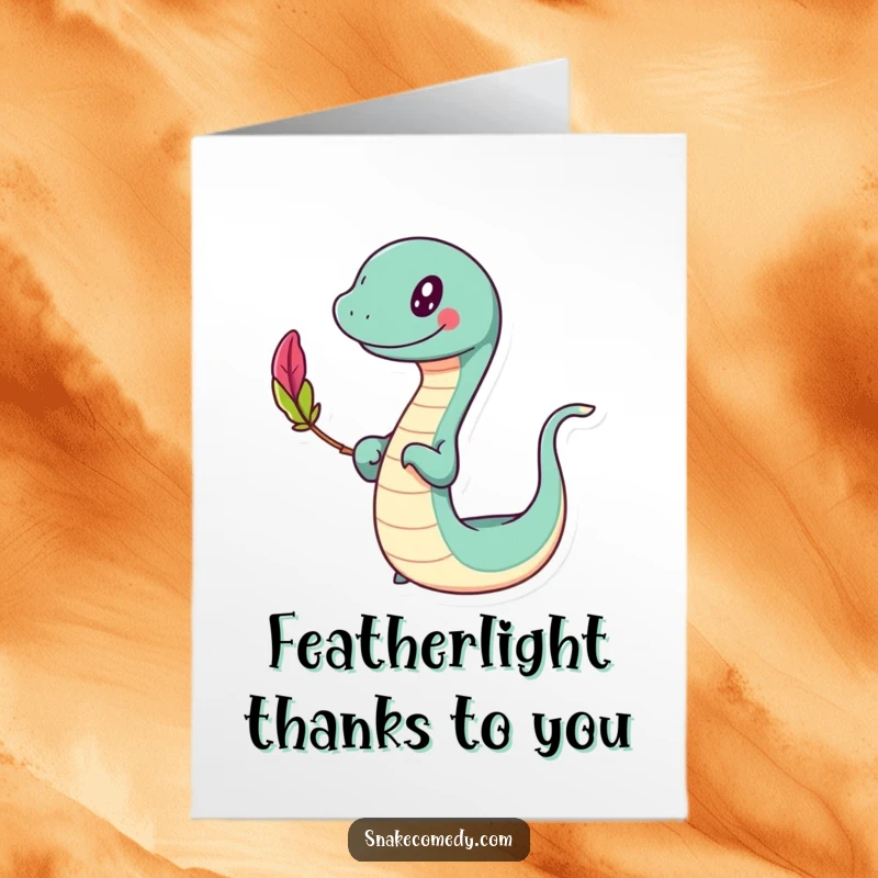 Free Printable Thank You Card of a slithering character with a happy sway, maintaining perfect balance with a small, colorful feather.