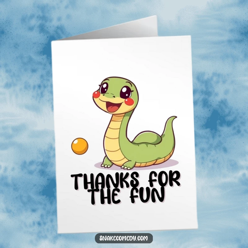 Funny Free Printable Thank You Card: A happy snake wiggles excitedly, chasing a bouncing ball in a humorous display of thanks.