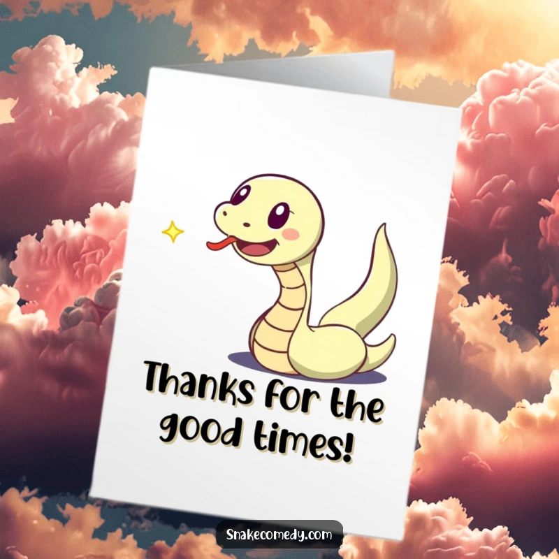 Funny Free Printable Thank You Card: Excited snake with flicking tongue joyfully pursues a dancing speck of light.