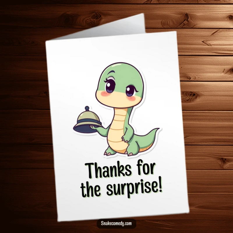 Funny Free Printable Thank You Card: A snake with a comical surprised look and raised eyebrow holds a tiny hat, giving thanks.