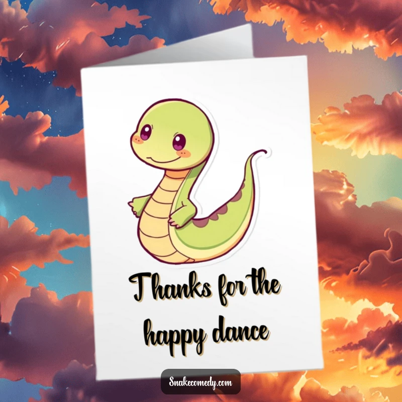 Funny Free Printable Thank You Card: A snake dancing joyfully with a rapidly wiggling tail. Thank you dance, downloadable art.