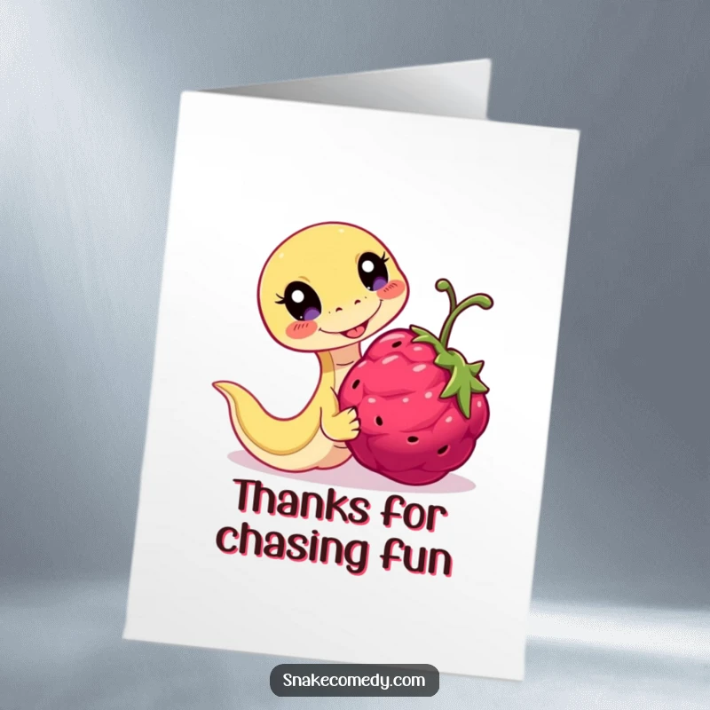 Funny Free Printable Thank You Card: Snake character eagerly chasing a small round berry, eyes sparkling with playful determination.