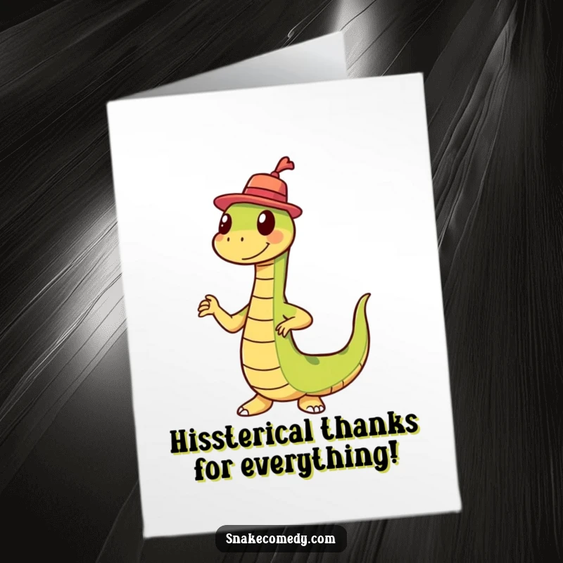 Funny Free Printable Thank You Card: Snake rocking a tiny hat, wiggle dancing his thanks.