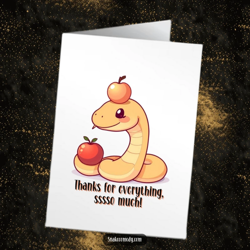 Funny Free Printable Thank You Card: Snake focusing intensely on balancing an apple on its head, a funny gesture of thanks.