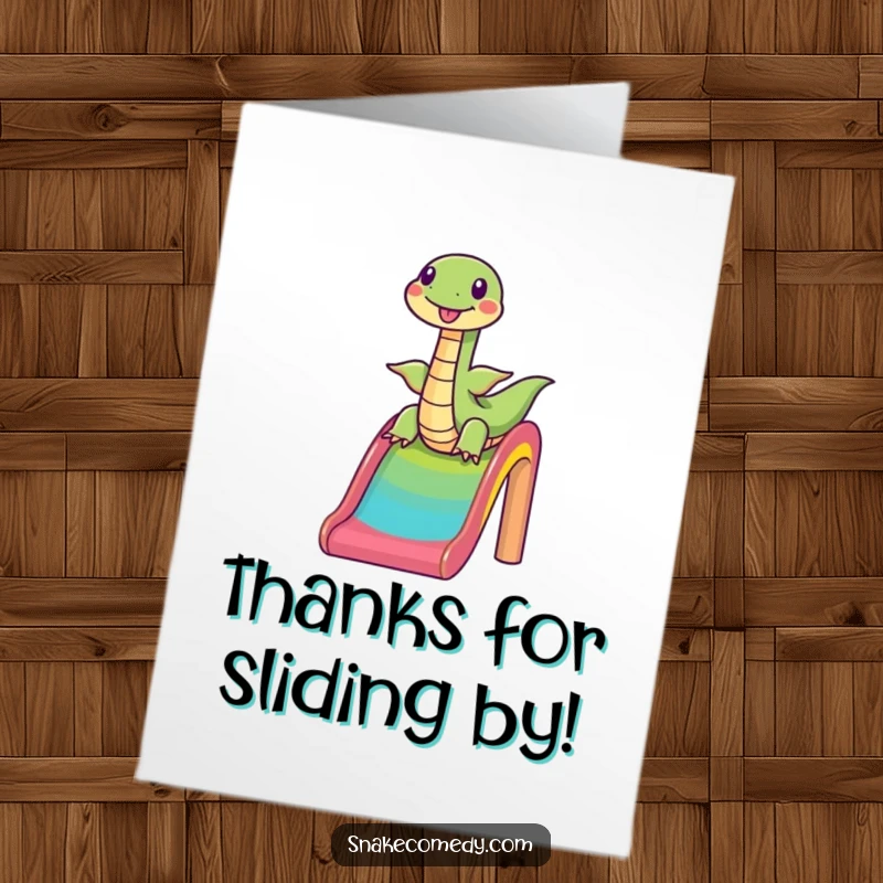 Funny Free Printable Thank You Card with a snake joyfully sliding down a rainbow, expressing thanks with a smile.