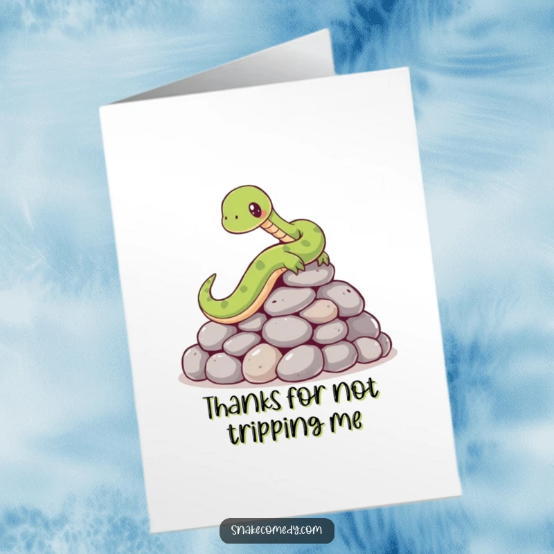 Funny Free Printable Thank You Card: A silly snake comically tumbles on smooth stones, expressing thanks.