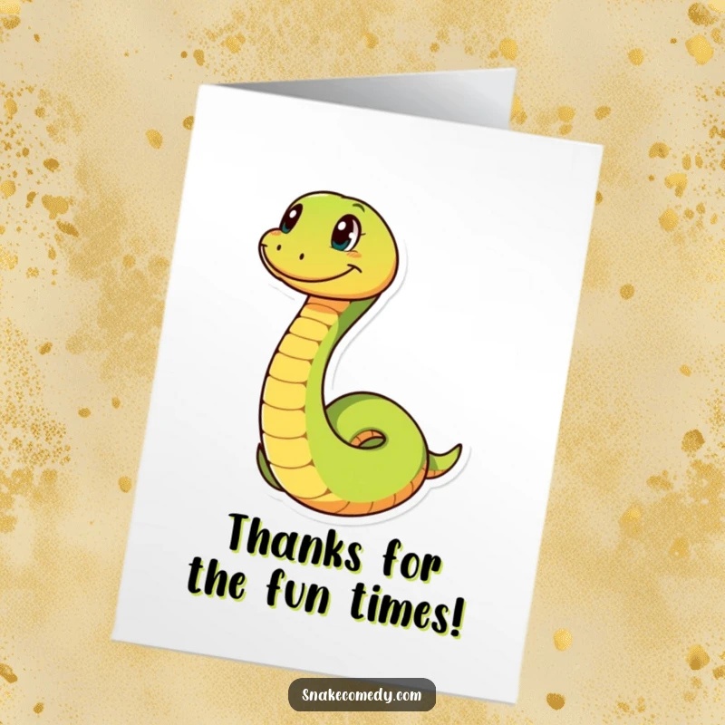 Funny Free Printable thank you card featuring a snake character playfully coiling and uncoiling with a cheerful, wide grin.