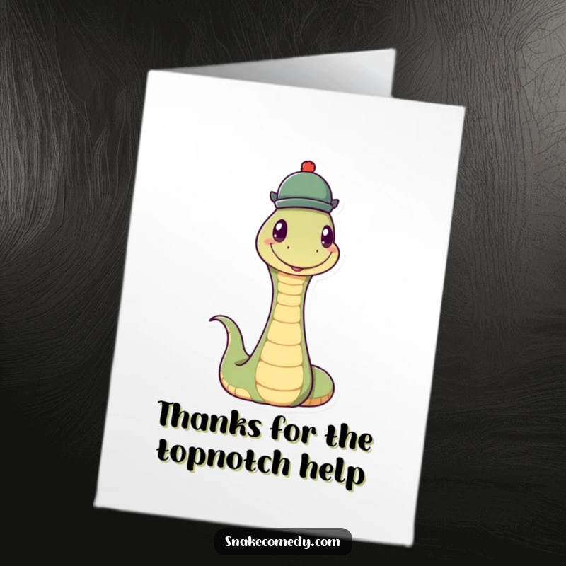 Funny Free Printable Thank You Card: A snake happily balancing a small hat on its head, stylishly saying thank you.