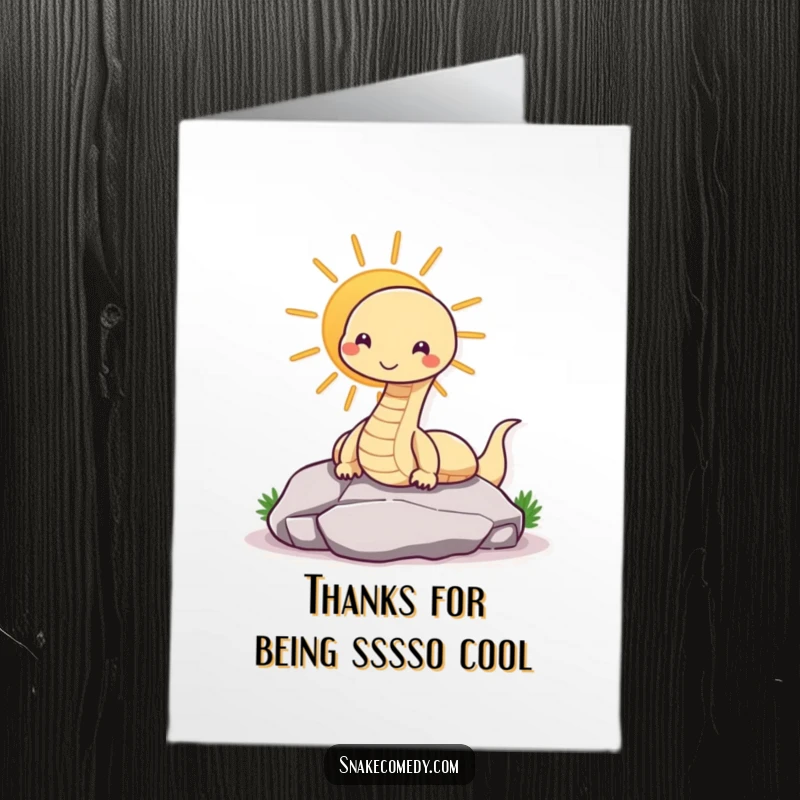 Funny Free Printable Thank You Card: A snake smiling while sunning on a rock. Relaxed gratitude, downloadable art.