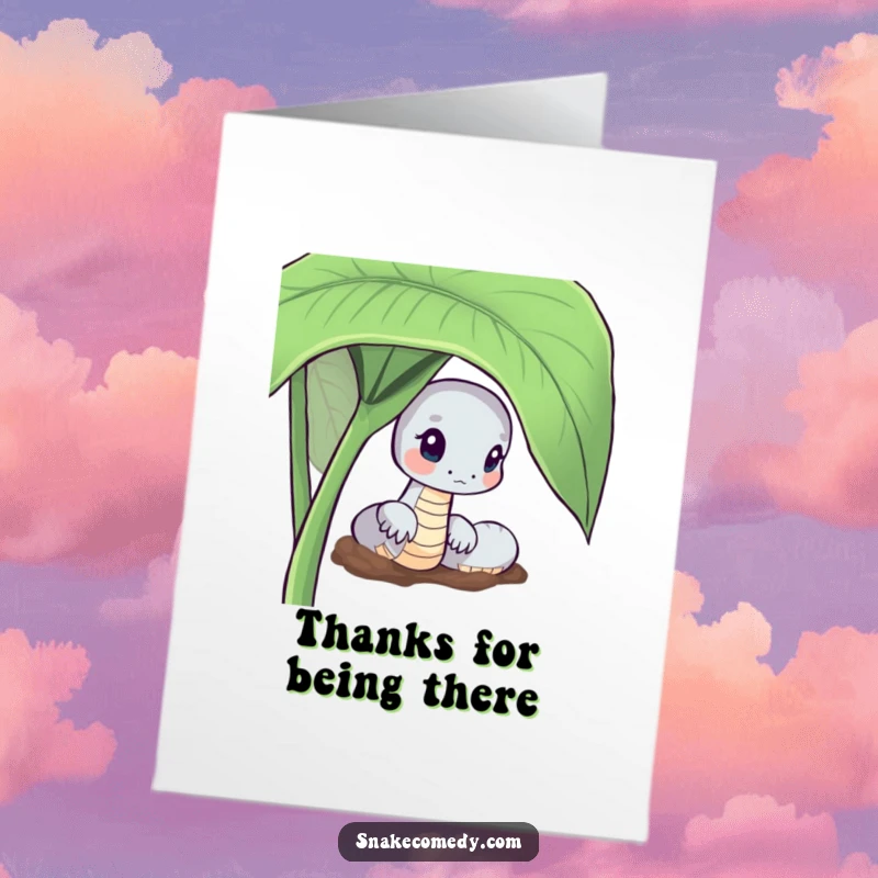 Funny Free Printable Thank You Card: Snake character with an inquisitive gaze peeking from the edge of a leafy green plant.