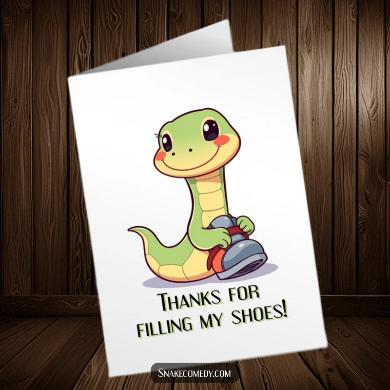 Funny Free Printable Thank You Card: A snake with a big grin playfully tries on a shoe.