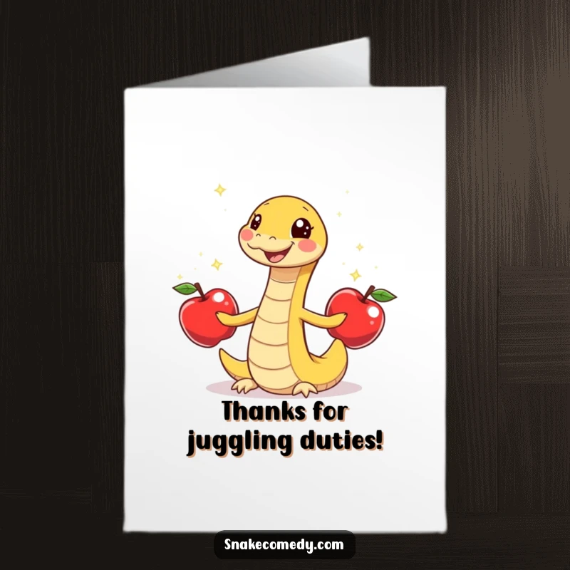 Funny Free Printable Thank You Card with a snake juggling sparkling apples, conveying thanks with a skillful and happy wiggle.
